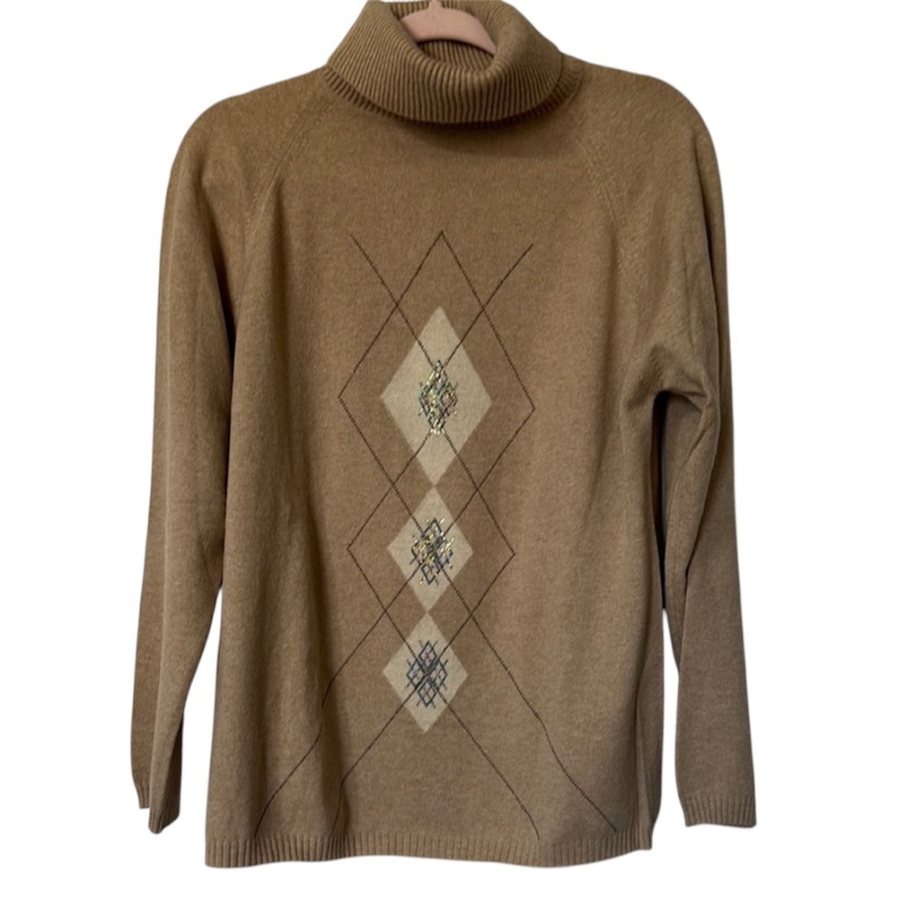 Vintage Escada Tan Argyle Turtleneck Wool Blend Sweater